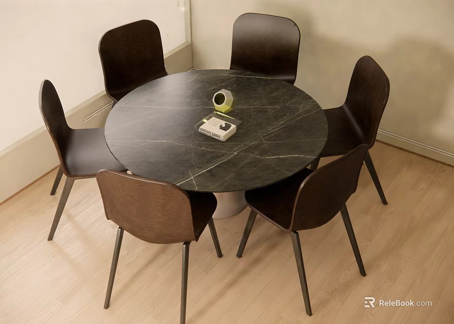 Modern Round Dark Marble Dining Table Set With Six Wooden Chairs And Metal Legs 3d model 