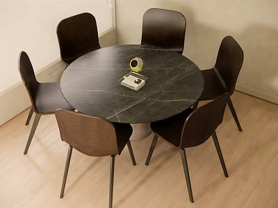 Modern Round Dark Marble Dining Table Set With Six Wooden Chairs And Metal Legs 3d model