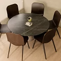 Modern Round Dark Marble Dining Table Set With Six Wooden Chairs And Metal Legs
