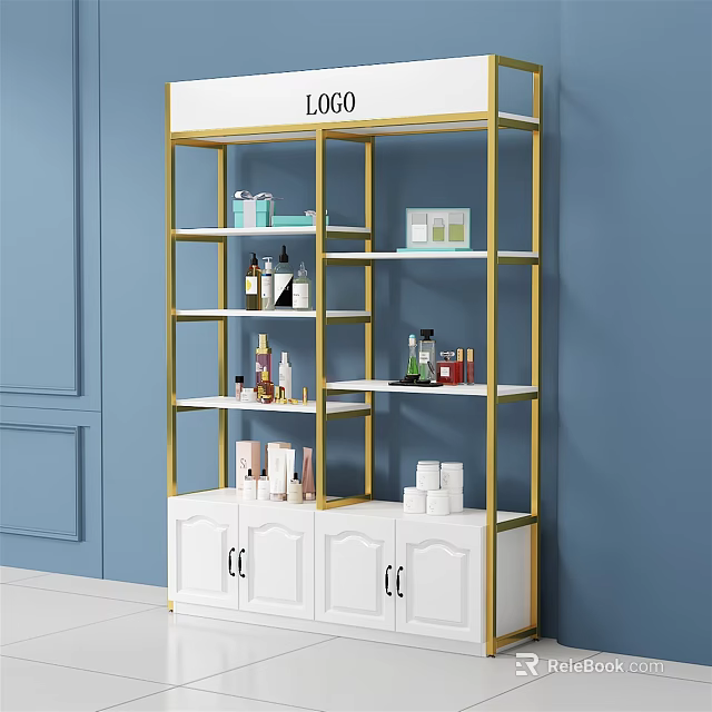 Elegant Gold Frame Display Shelf with White Cabinets and Items on Blue Wall 3d model