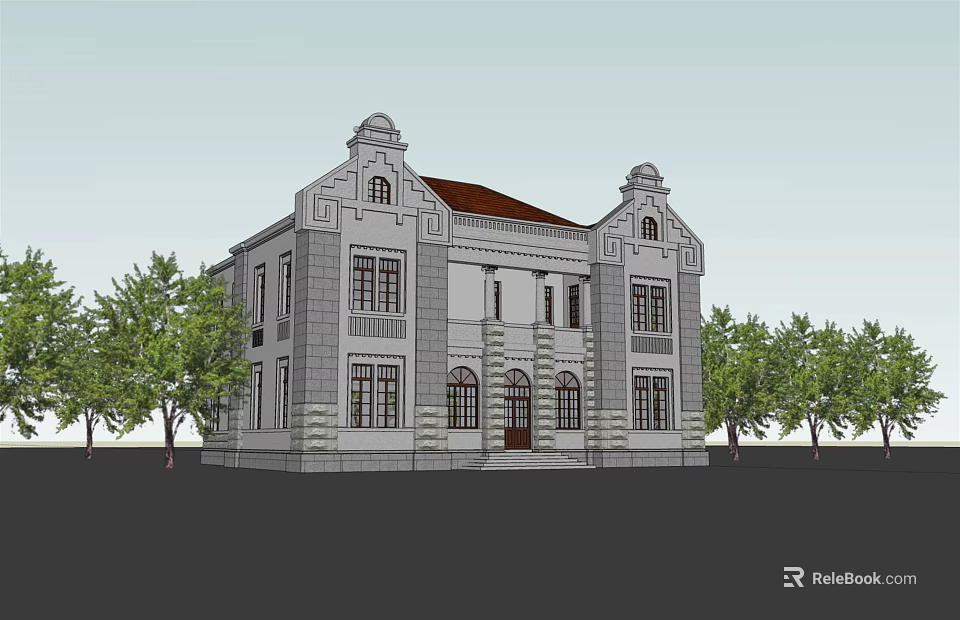 Classical European Architecture Exterior With Gray Stone Walls Red Roof Decorative Gables And Trees 3d model 