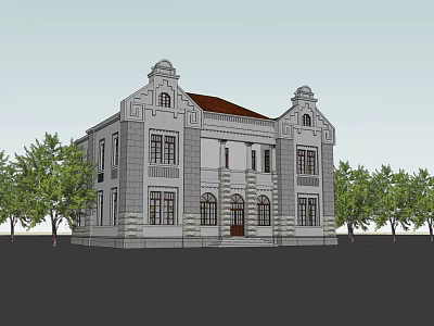 Classical European Architecture Exterior With Gray Stone Walls Red Roof Decorative Gables And Trees 3d model
