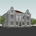 Classical European Architecture Exterior With Gray Stone Walls Red Roof Decorative Gables And Trees