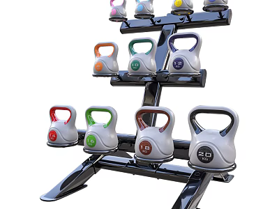 Multi Tier Kettlebell Rack With Colorful Weighted Kettlebells For Home Gym 3d model