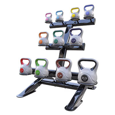 Multi Tier Kettlebell Rack With Colorful Weighted Kettlebells For Home Gym 3d model