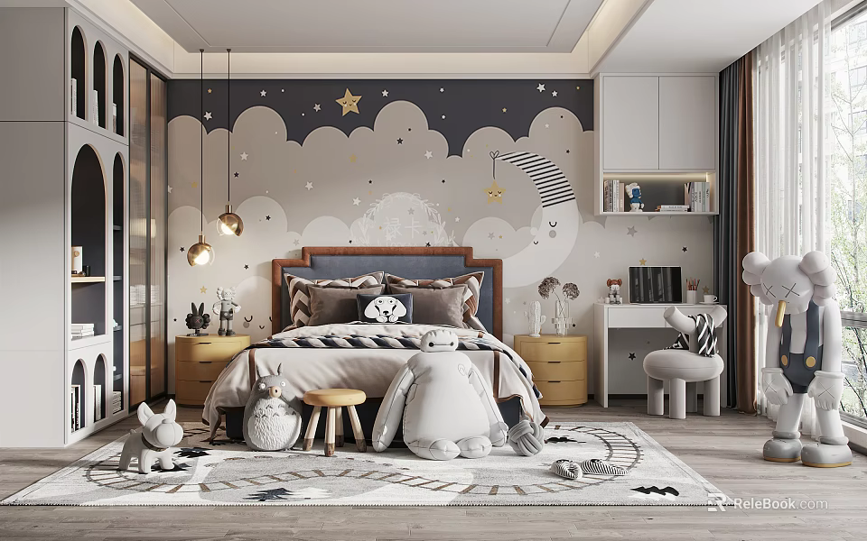Cozy Modern Kids Room With Star Cloud Wallpaper Bed Stuffed Toys Pendant Lights And Rug 3d model 