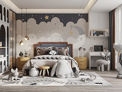 Cozy Modern Kids Room With Star Cloud Wallpaper Bed Stuffed Toys Pendant Lights And Rug 3d model