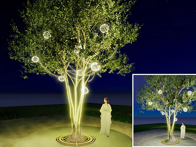 Illuminated Tree At Night Decorated With Glowing Spheres And Person Standing Under Circular Lit Ground 3d model