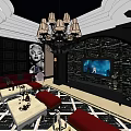 Luxurious KTV Room Interior With Red Sofas Black Decor Chandelier And Checkered Carpet