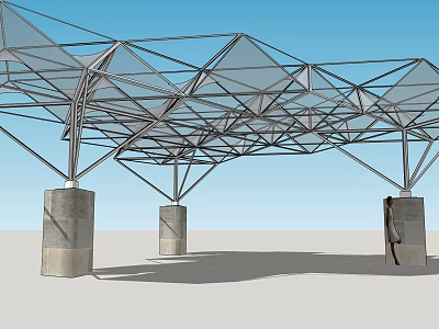 Tensile Membrane Structure With Metal Frame And Supporting Columns Under Blue Sky 3d model