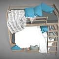 Wooden Bunk Bed Design With Blue Pillows Plaid Blanket Storage Drawers And Ladder