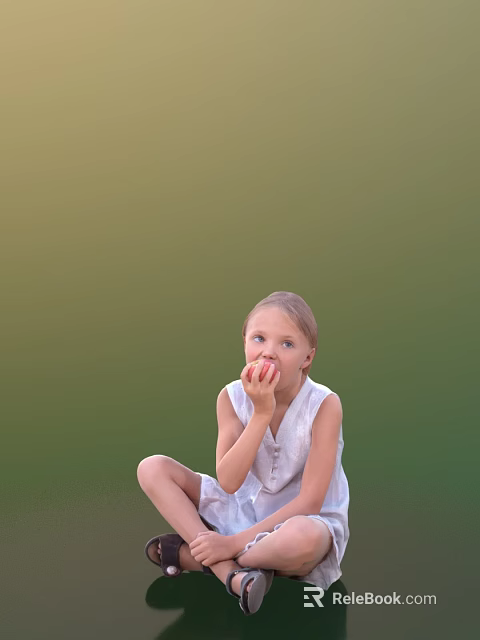 Little Girl Eating Apple In White Sleeveless Dress Seated On Ground Against Green Background 3d model 