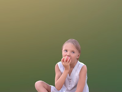 Little Girl Eating Apple In White Sleeveless Dress Seated On Ground Against Green Background 3d model