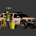 Orange SUV With Roof Rack Near Workers Using Surveying Equipment And Drone