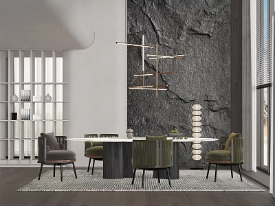 Modern Dining Table Set With Green Gray Chairs Rock Wall Chandelier And Wooden Floor 3d model