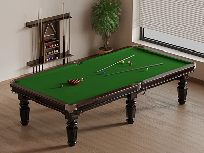 Billiard Table With Green Felt Surface Balls Cues And Potted Plant In Room 3d model