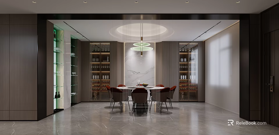Elegant Modern Restaurant Interior With Marble Dining Table Wine Racks And Pendant Light 3d model