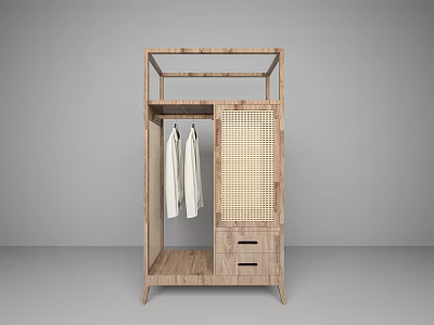 Natural Wood Wardrobe With Rattan Door Hanging Clothes And Storage Drawers Design 3d model