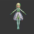 Elegant 3D Fantasy Character With Blonde Hair And Blue White Dress Standing Pose