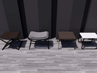 Four Modern Stools With Varied Designs On Gray Wooden Floor Against Dark Wall 3d model