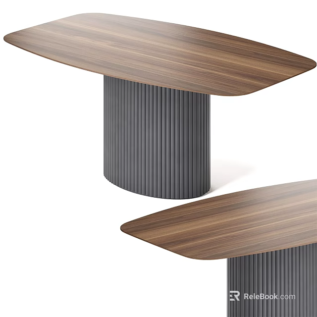 Modern Dining Table With Wooden Top And Sleek Ribbed Metal Base Design 3d model 