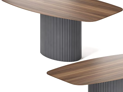 Modern Dining Table With Wooden Top And Sleek Ribbed Metal Base Design 3d model