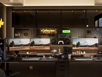 Modern Entertainment Room Featuring Multiple Monitors Gaming Setup And Decorative Lighting 3d model