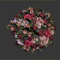 Flower Bouquet With Red Pink Flowers Green Leaves In Pink Square Vase On Dark Background