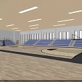 Spacious Basketball Gymnasium with Wooden Floor Blue Bleachers Large Windows and Ceiling Lights