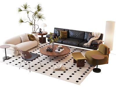 Modern Sofa And Coffee Table Set With Accent Chairs Plants And Polka Dot Rug 3d model