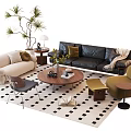 Modern Sofa And Coffee Table Set With Accent Chairs Plants And Polka Dot Rug