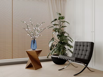Home Balcony Design with Wooden Blinds Large Green Plant Blue Vase and Black Leather Chair 3d model
