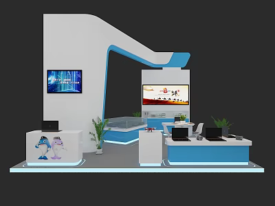 Modern White And Blue Exhibition Booth With Display Screens Tables Chairs And Plants 3d model