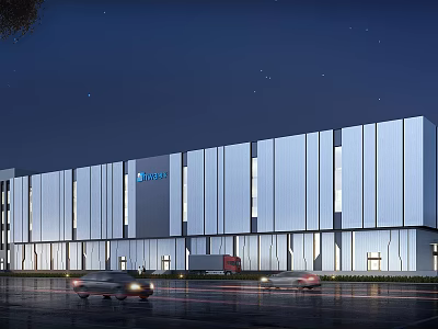 Modern Industrial Factory Building With Large Glass Facade Illuminated At Night And Cars Passing By 3d model