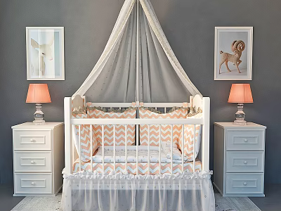 Cozy Baby Crib with White Canopy Chevron Bedding White Nightstands Orange Lamps Animal Wall Art 3d model