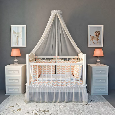 Cozy Baby Crib with White Canopy Chevron Bedding White Nightstands Orange Lamps Animal Wall Art 3d model