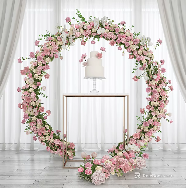 Elegant Wedding Flower Arch Decorated With Pink White Flowers And Cake On Gold Table 3d model 
