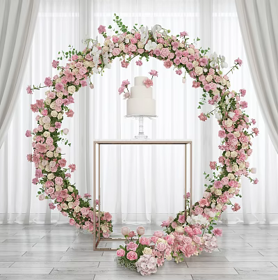 Elegant Wedding Flower Arch Decorated With Pink White Flowers And Cake On Gold Table 3d model