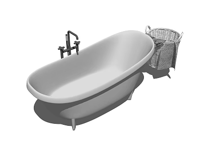 Freestanding Bathtub With Classic Faucet And Wicker Storage Basket Design 3d model
