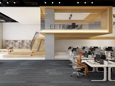Modern Public Office Space With Open Layout Desks Computers Staircase And Bookshelves 3d model