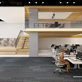 Modern Public Office Space With Open Layout Desks Computers Staircase And Bookshelves