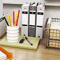 Neat Office Workspace Featuring Printer Binders Colored Pencils Notebook File Tray And Wire Basket 3d model