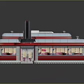 Cartoon Style Diner Building Exterior Featuring Neon Sign Red Gray Windows Pink Lighting