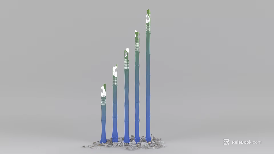 Art Installation With Columnar Structures Blue Green Gradient White Top Elements On Stone Base 3d model