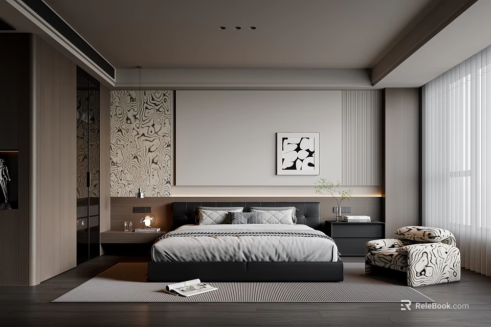 Modern Bedroom Interior With Bed Headboard Decorative Artwork Patterned Wallpaper And Armchair 3d model 