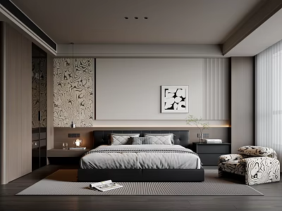 Modern Bedroom Interior With Bed Headboard Decorative Artwork Patterned Wallpaper And Armchair 3d model