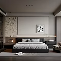 Modern Bedroom Interior With Bed Headboard Decorative Artwork Patterned Wallpaper And Armchair
