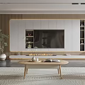 Modern Living Room With Beige Sofa Wooden Shelves Decorative Painting And Green Plant