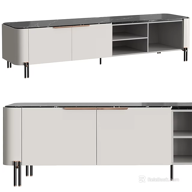 Modern Light Gray TV Stand With Drawers Open Shelves And Metal Legs 3d model 