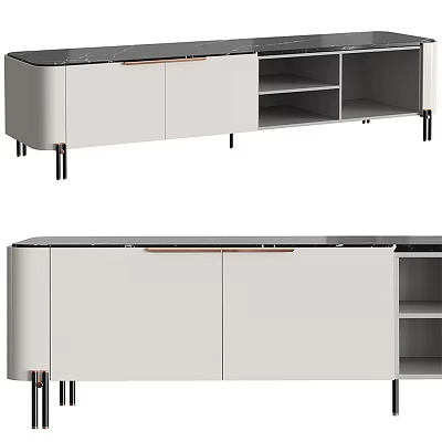Modern Light Gray TV Stand With Drawers Open Shelves And Metal Legs 3d model